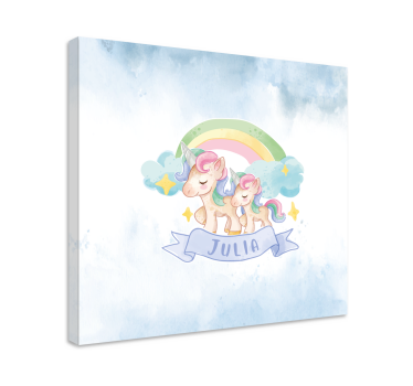 Canvas schilderij kinderkamer Gelukkige eenhoorns boven een regen - TenStickers