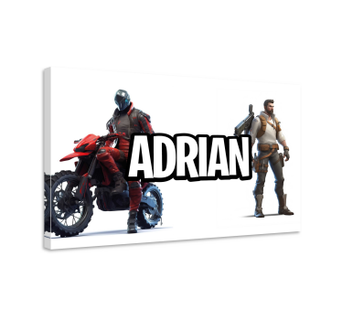 Games karakter staand en motor canvas met naam - TenStickers