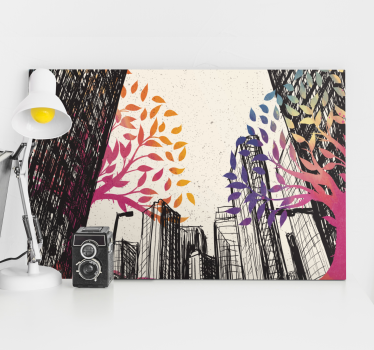 3D canvas schilderij Meerseizoenenbomen met wolkenkrabbers - TenStickers