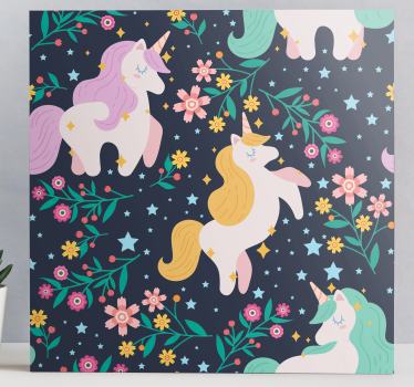 Canvas schilderij kleurrijke eenhoorn en bloemen - TenStickers