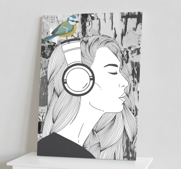 Canvas schilderij kunst Vrouw met koptelefoon en vogel - TenStickers