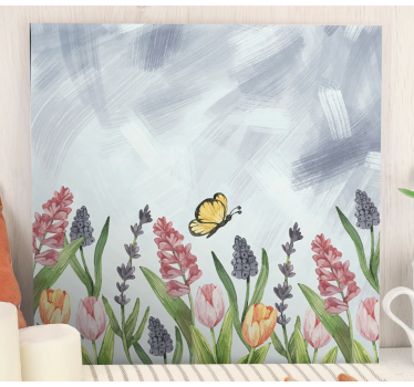 Canvas schilderij bloemen en planten vlinder tussen bloemen - TenStickers
