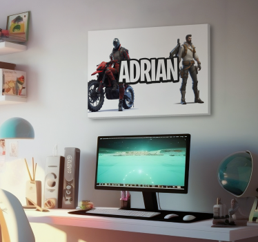 Games karakter staand en motor canvas met naam - TenStickers
