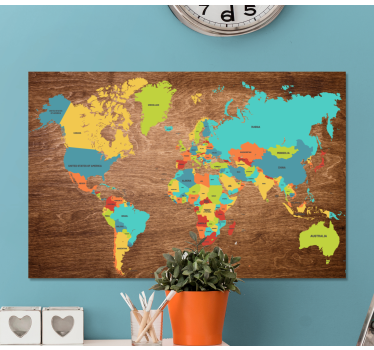 Wereldkaart canvas schilderij Hout textuur - TenStickers