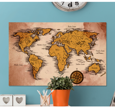 Wereldkaart canvas schilderij Vintage met namen - TenStickers