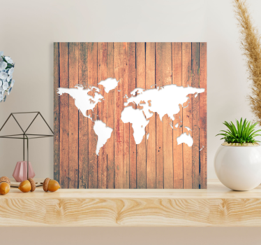 Witte wereldkaart op hout canvas schilderij - TenStickers
