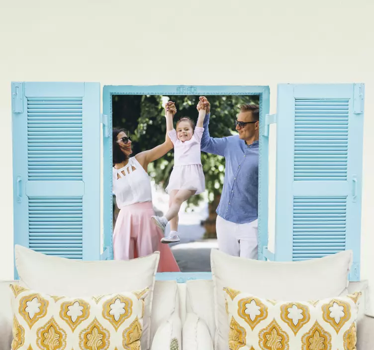 3D muursticker woonkamer met blauw venster op maat - TenStickers