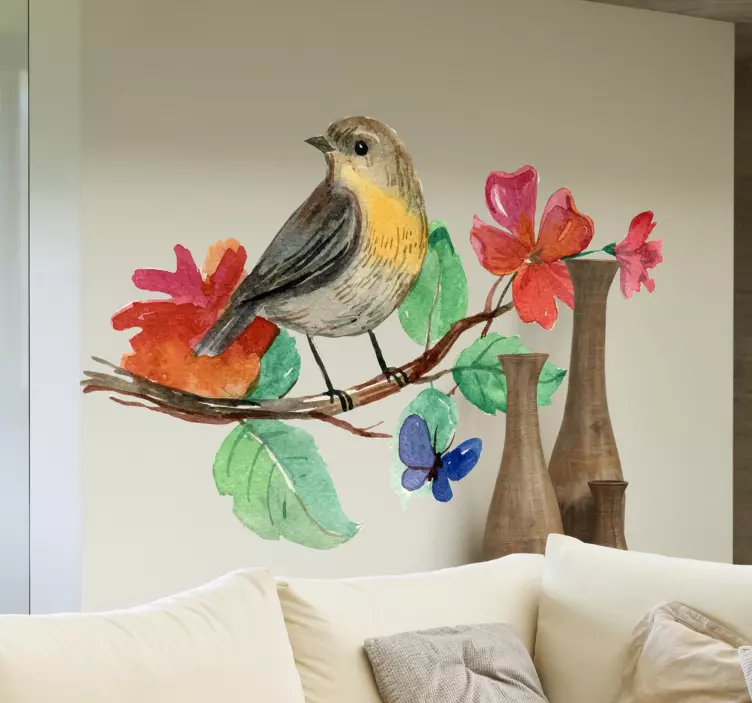 Decoratieve Muursticker Hand Geschilderde Vogel - TenStickers