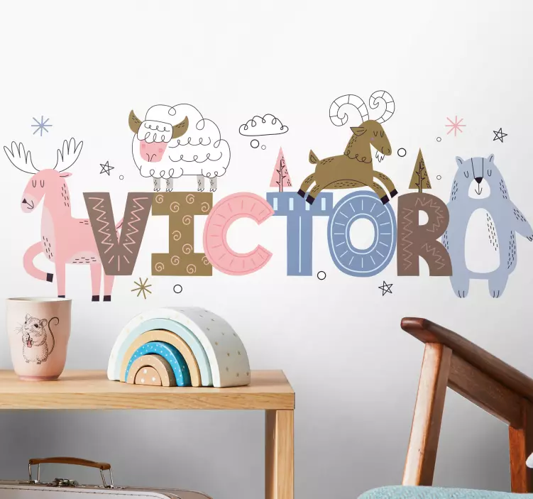 Dieren met naam muursticker kinderkamer - TenStickers