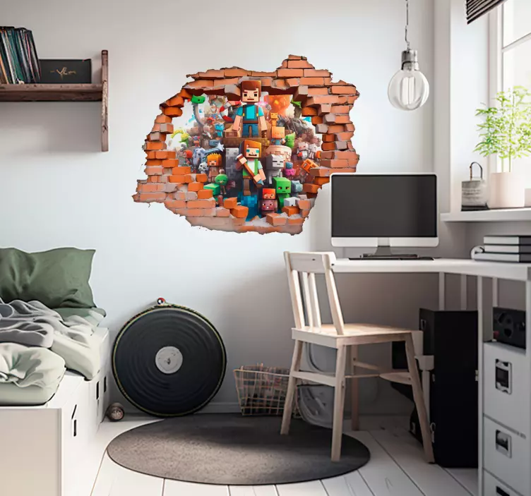 Gat in muur met pixel games karakters sticker - TenStickers