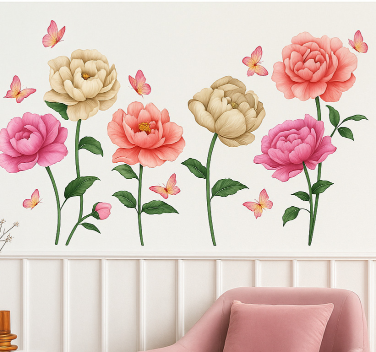 Kleurrijke bloemen en vlinders woonkamer muursticker - TenStickers