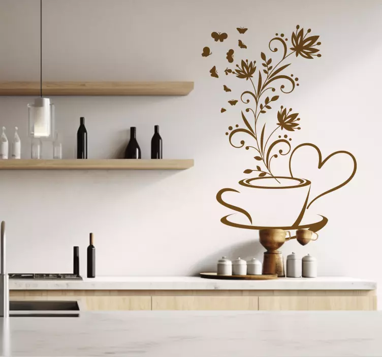 Koffie met bloemen Muursticker keuken - TenStickers
