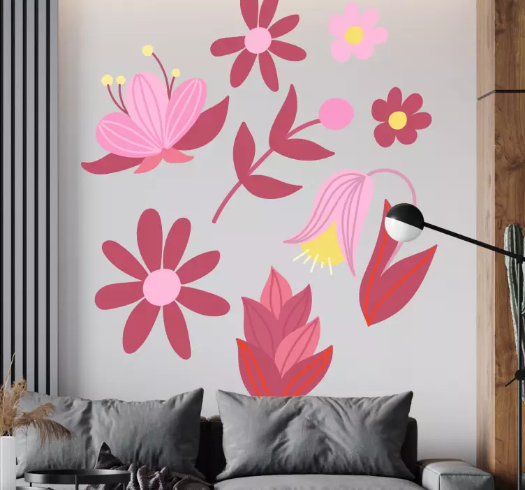 Levendige roze compositie Muursticker bloemen en planten - TenStickers