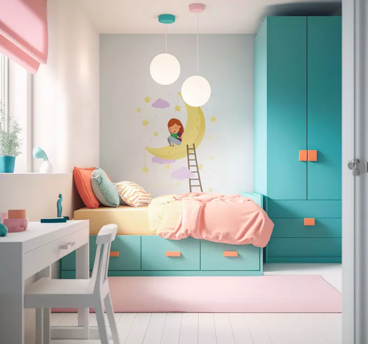 Muursticker maan met meisje - TenStickers