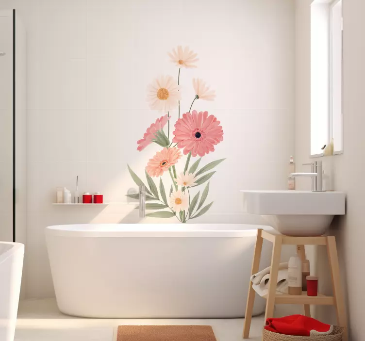 Roze madeliefjes muursticker badkamer - TenStickers