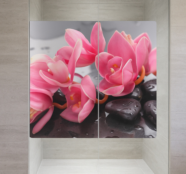 Roze orchideeën op stenen badkamer sticker - TenStickers