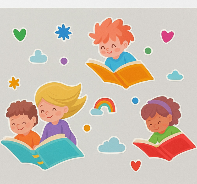 Vliegende boeken en kinderen muursticker kinderkamer - TenStickers
