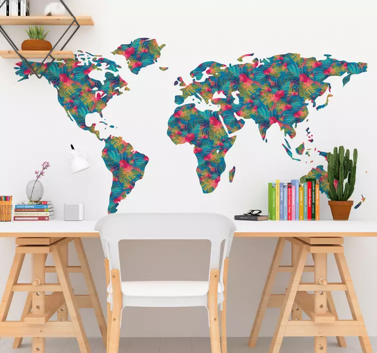 Wereldmap jungle bloemen kleuren - TenStickers
