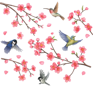 Vogels op takken met bloemen raamsticker - TenStickers