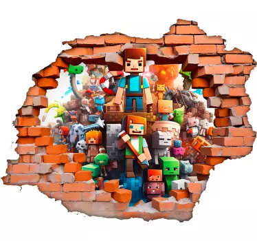 Gat in muur met pixel games karakters sticker - TenStickers