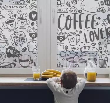 Doorschijnende koffie tijd tekeningen raamzelfklevende sticker - TenStickers