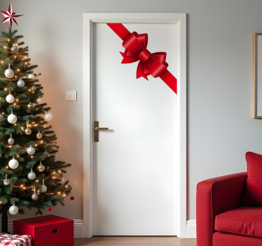 Deur rood lint kerst sticker - TenStickers