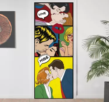 Tienerkamer deursticker pop art zoenende koppels - TenStickers