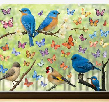 Kleurrijke bloemen en vogels raamsticker - TenStickers