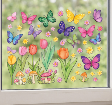Kleurrijke vlinders en planten raamsticker - TenStickers