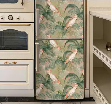 Koelkast stickers Witte papegaaien op beige palmen - TenStickers