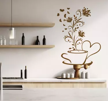 Koffie met bloemen Muursticker keuken - TenStickers