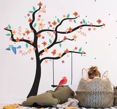 Muursticker boom vogels bloemen - TenStickers
