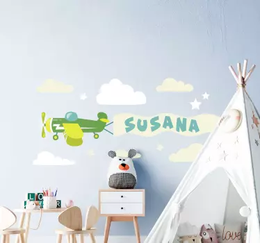 Muurstickers tekeningen Vliegtuig met naam en wolken - TenStickers