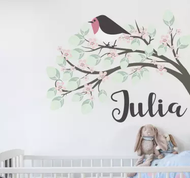 Vogel muursticker met boom en naam - TenStickers