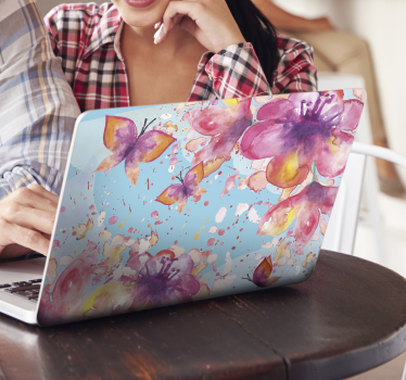Paarse vlinder en bloemen op laptopsticker  - TenStickers