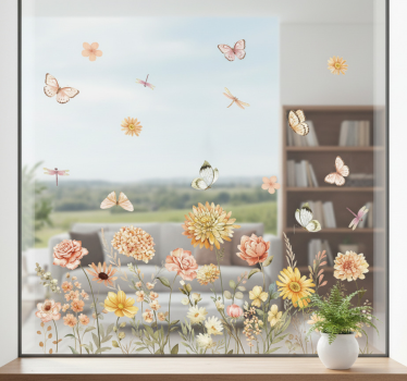 Raamsticker wildebloemenweide met vlinders - TenStickers