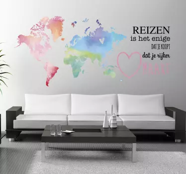 Reizen muursticker woonkamer met wereld map - TenStickers