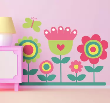 Sticker kinderkamer bloemen en groene vlinder - TenStickers
