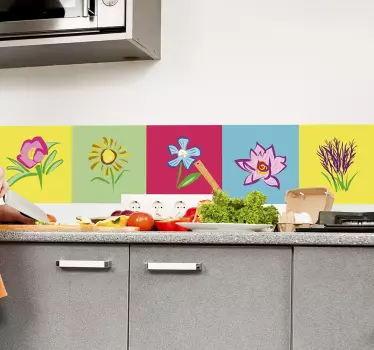 Stickerrand gekleurde bloemen Muursticker keuken - TenStickers