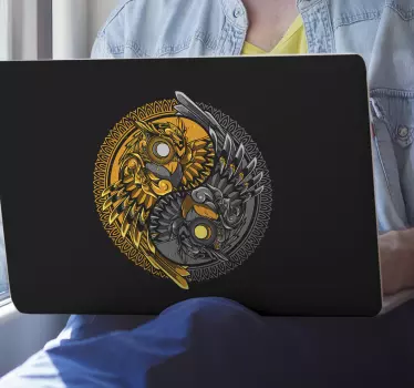 Stickers voor laptop Yin yang uil doodle ornament illustratie - TenStickers