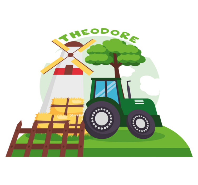 Vinyl tapijt kind groene tractor met heuvel en wolken - TenStickers