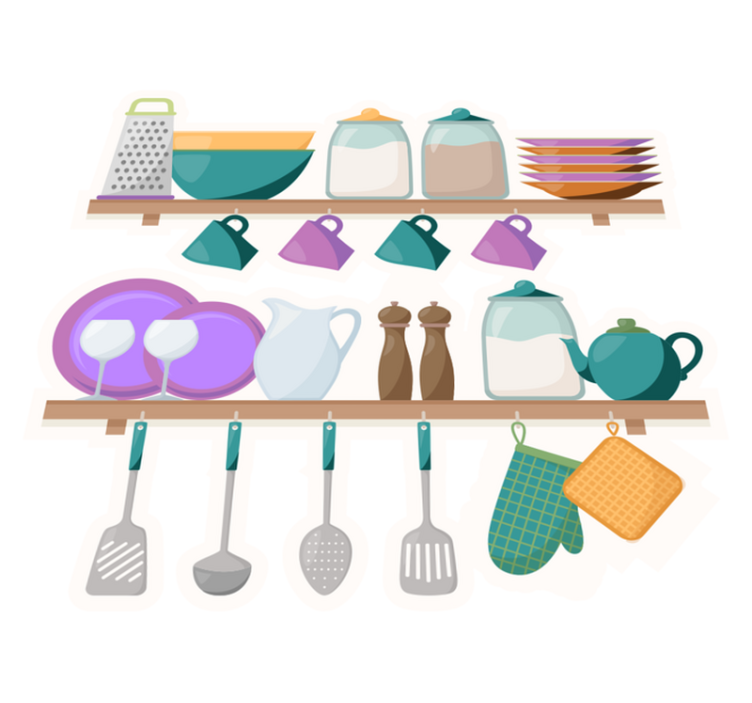Vinyl tapijt keuken met keukenkastjes en kookgerei - TenStickers
