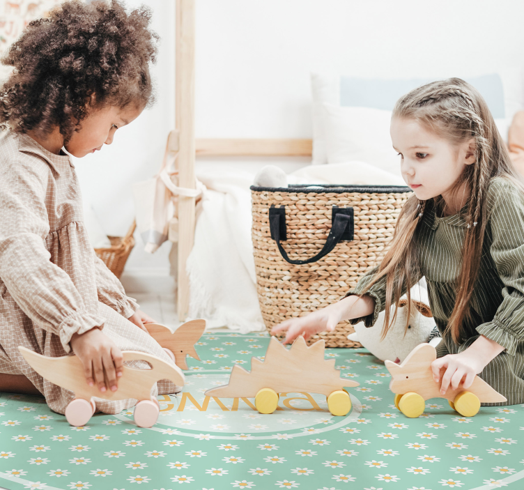 Rond madeliefjes kinder vinyl vloerkleed met naam - TenStickers