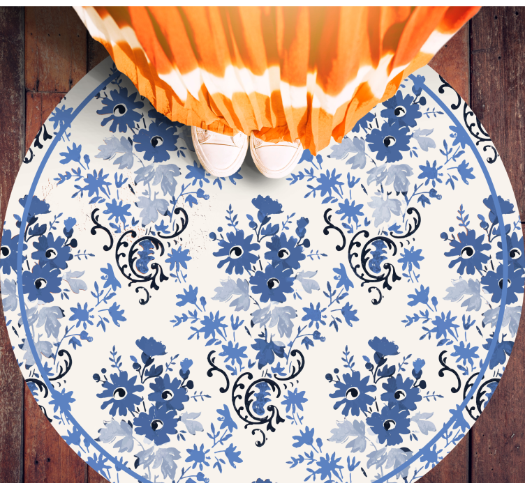 Bloemenblauwe print vinyl tapijt rond - TenStickers