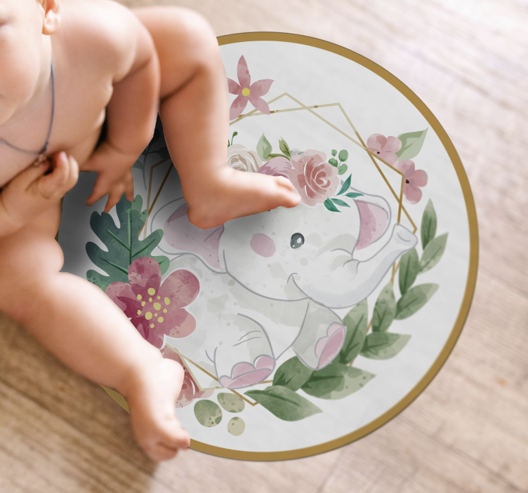 Bloemenolifant rond vinyl tapijt kind - TenStickers