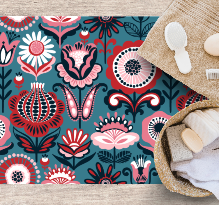 Scandinavisch etnisch motief vinyl tapijt bloemen en planten - TenStickers