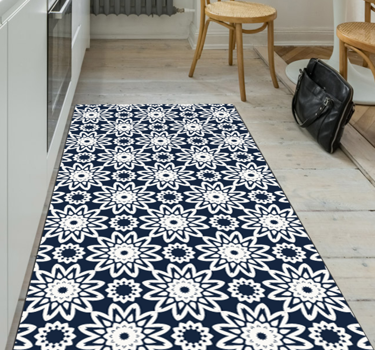 Marineblauw bloemenmotief vinyl tapijt keuken - TenStickers