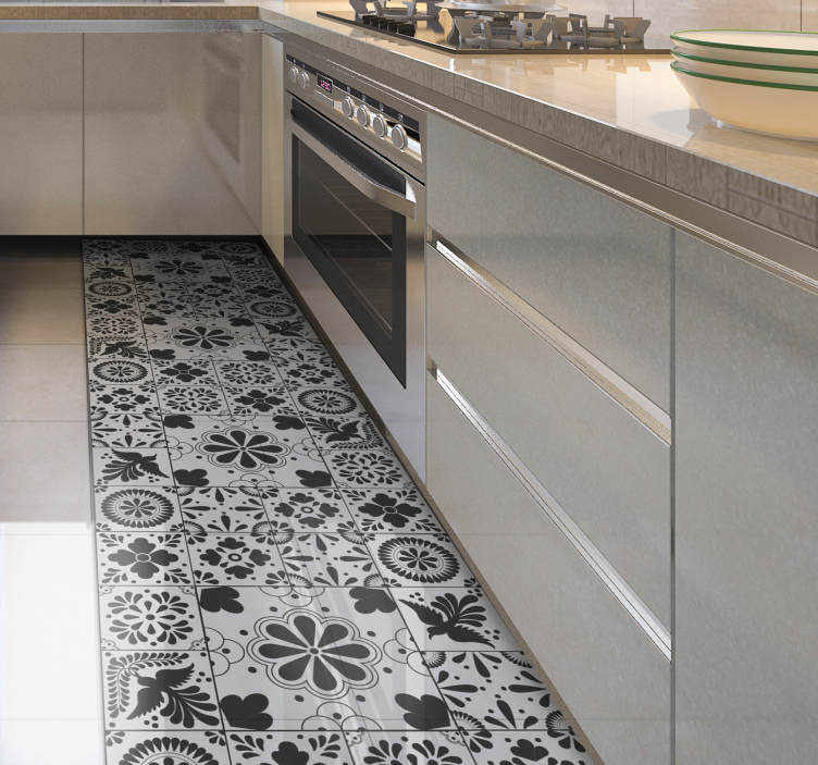 Monochrome bloemen vinyl tapijt tegels - TenStickers