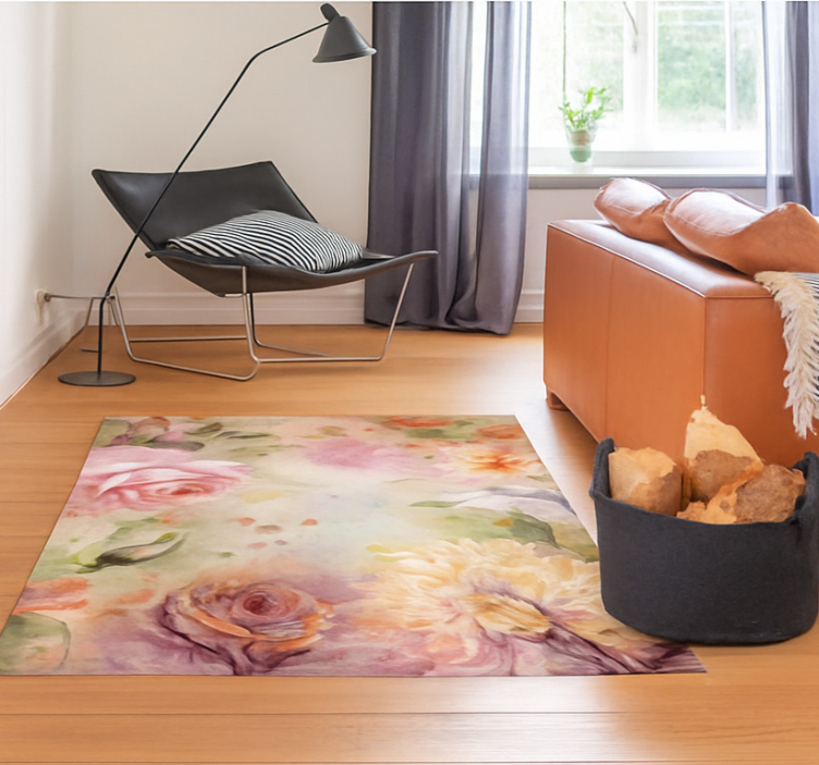 Roze bloemenrozen vinyl tapijt woonkamer - TenStickers