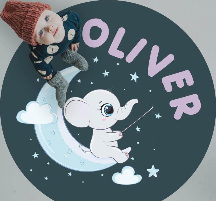 Olifant op de maan met naam vinyl tapijt baby - TenStickers